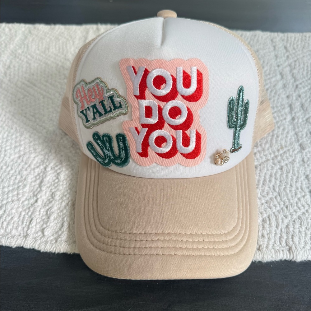 Tan and White Cap with Fun Patches